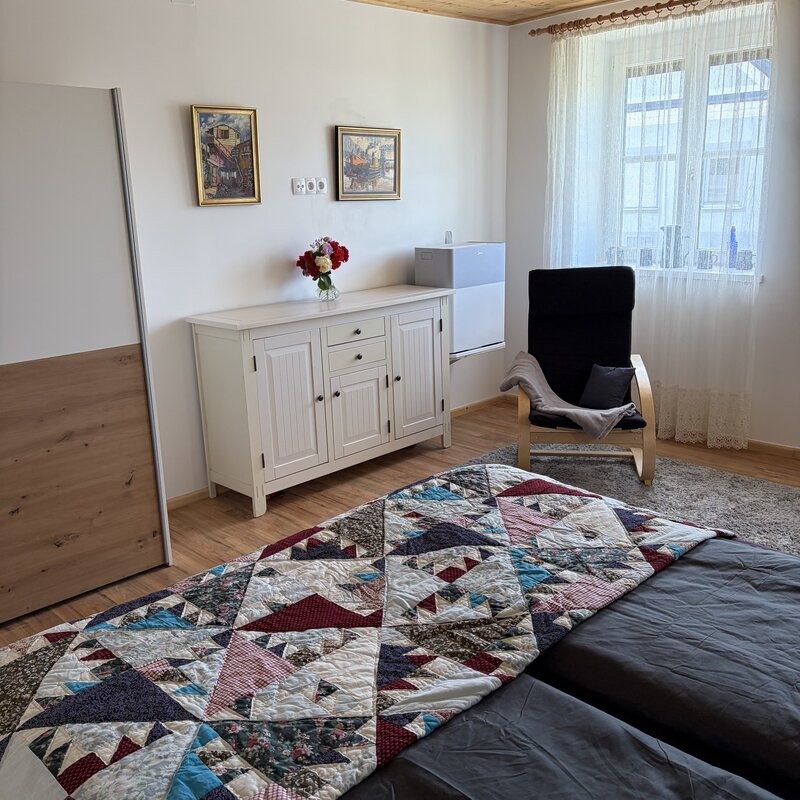 Wohnschlafzimmer der Wohnung Holler mit Boxspringbett, Schrank, Klimaanlage, im Langerhof, Hannersdorf Suedburgenland